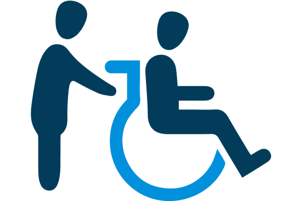 figure of a human on a wheelchair assisted by a therapist